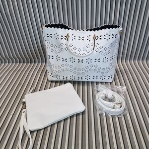 White Laser Cut Tote Bag 3pc Set w Pouch & Strap Scalloped Floral